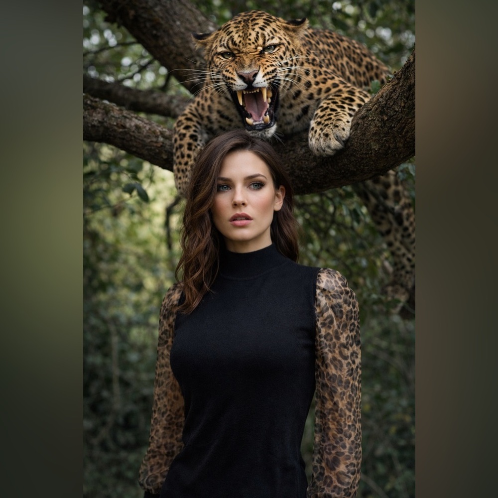 Sioni Milano sz MD black mock neck sweater top sheer leopard print long sleeves